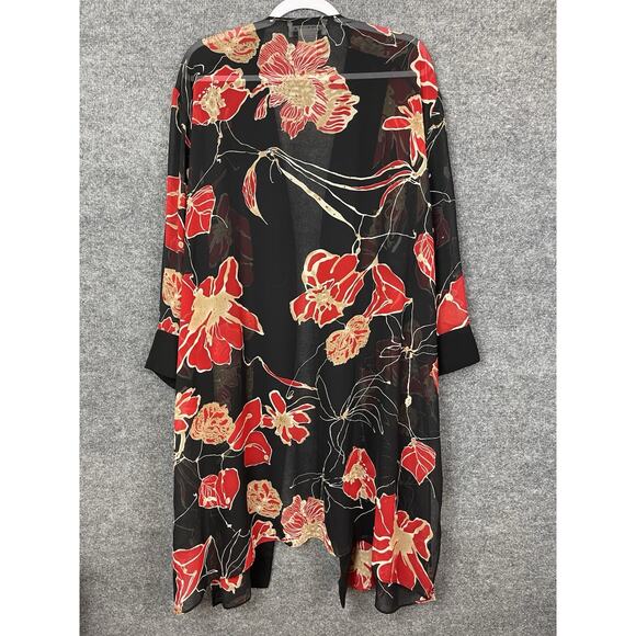 Kimono Duster Black Floral Print Open Front Lightweight OS Boho - Picture 8 of 12